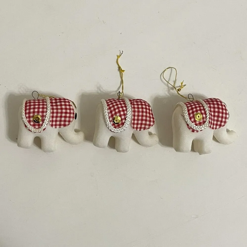 Vintage White Flocked Christmas Ornamants Japan Red Gingham Bear Mouse Elephant